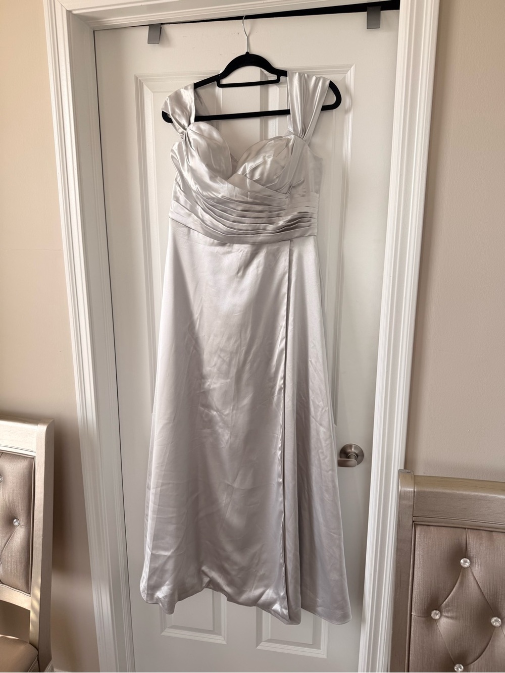 Satin Silver Gray Prom Gown with Ruched Waist and Pockets